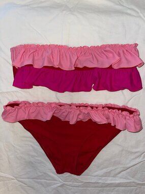 Solid & Stripes Ruffle Red and Pink Bandeau Bikini, Size Medium